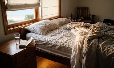 Una cama deshecha a primera hora de la mañana
