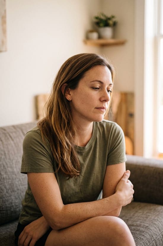 Una mujer sentada en el sofá de la consulta, escuchando