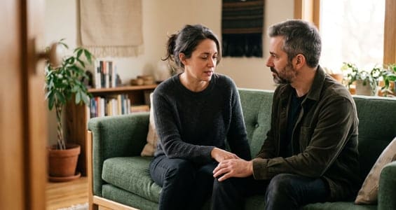 Dos personas sentadas en el sofá durante una sesión de pareja
